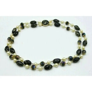 Hong Kong Signed Black Speckled Faux Pearl Bead Beaded Choker Necklace Vintage